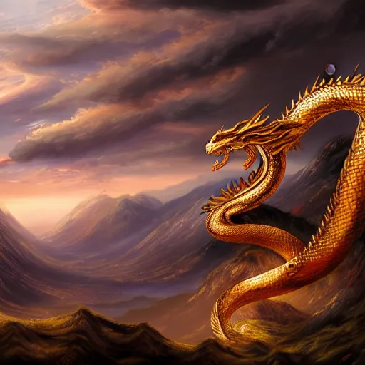 Image similar to a landscape painting of a golden serpent dragon winding through the air in a mountain range, chinese dragon, intimidating clouds, ultrawide angle, depth of field, in a luminist style, 4 k, artstation