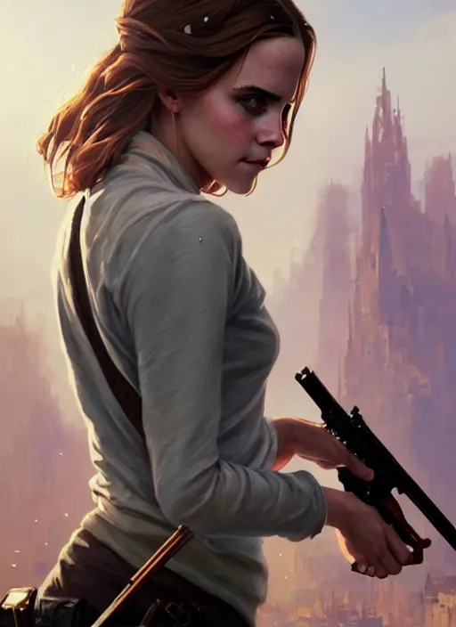 Image similar to highly detailed painting of emma watson holding a shotgun in gta v, stephen bliss, unreal engine, fantasy art by greg rutkowski, loish, rhads, ferdinand knab, makoto shinkai and lois van baarle, ilya kuvshinov, rossdraws, tom bagshaw, global illumination, radiant light, detailed and intricate environment