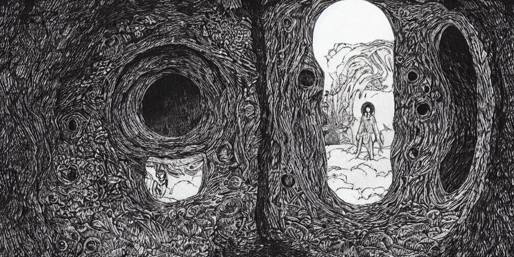 Image similar to “portal to another world by Edward Gorey, trending on artstation, 8k, highly detailed”