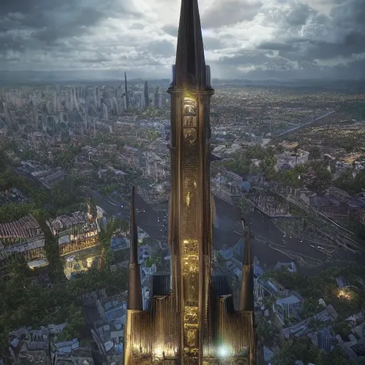 Image similar to an ultra detailed matte painting of the one impossibly tall ominous black spire in the palace district on an island in a river elevated high above the city fortress tower, fantasy capital city, ultrawide lense, aerial photography, volumetric lighting, exquisite detail, octane render, 8 k postprocessing, art by artgerm and greg rutkowski and alphonse mucha