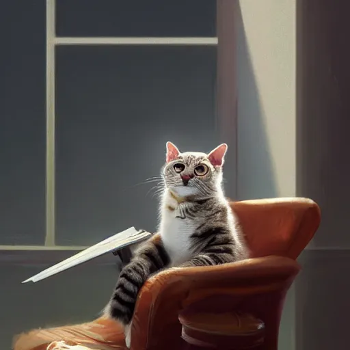 Image similar to anthropomorphic cat sitting in a chair using a laptop, painting, ifbb pro hyper muscular body, by greg rutkowski and igor kieryluk, photo realistic, dynamic lighting, artstation, poster, volumetric lighting, very detailed face, 8 k, award winning