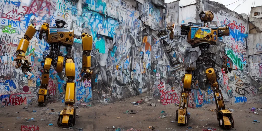 Image similar to giant mecha ROBOT of AJEGUNLE SLUMS of Lagos, graffiti on robots,