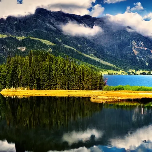 Image similar to beautiful still lake with reflective water, low mountains and beautiful far clouds