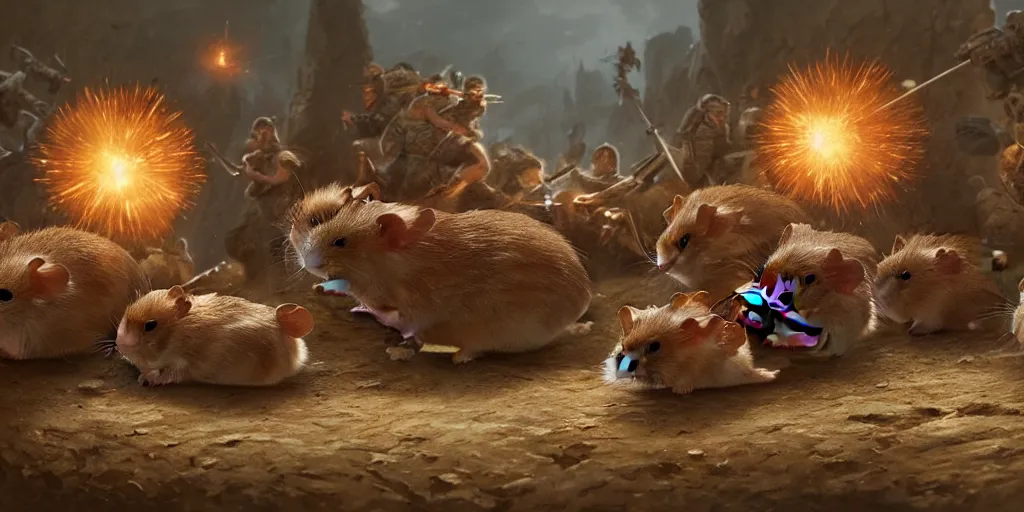 Image similar to highly detailed image of hamsters in a battle, hamsters, hamsters holding rifles, stephen bliss, unreal engine, fantasy art by greg rutkowski, global illumination, radiant light, detailed and intricate environment