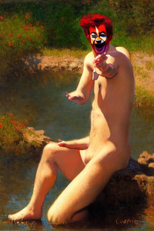 Prompt: attractive man by a river, bright sunlight, oil covered skin, wearing a clown wig and clown makeup, painting by gaston bussiere, craig mullins