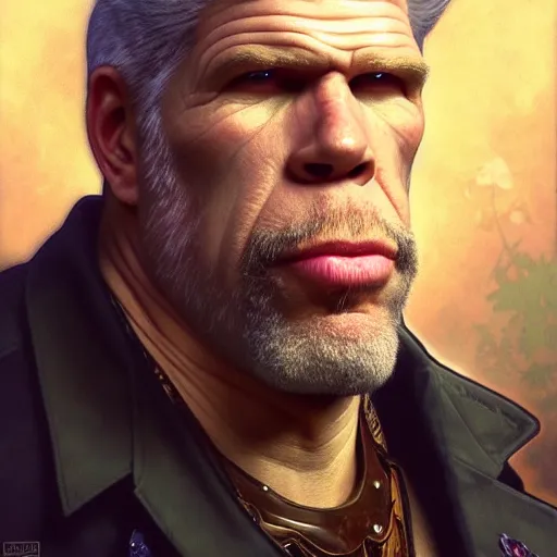 Prompt: full portrait of ron perlman as forrest gimp, fantasy, d & d, intricate, detailed, by by alphonse mucha, adolfo hohenstein, alice russell glenny, stanley artgerm lau, greg rutkowski, detailed, trending on artstation, trending on artstation, smooth