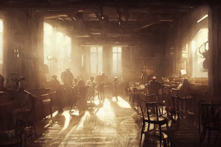 Image similar to 1800s saloon interior, dramatic lighting, cowboys drinking, concept art, greg rutkowski, artstation