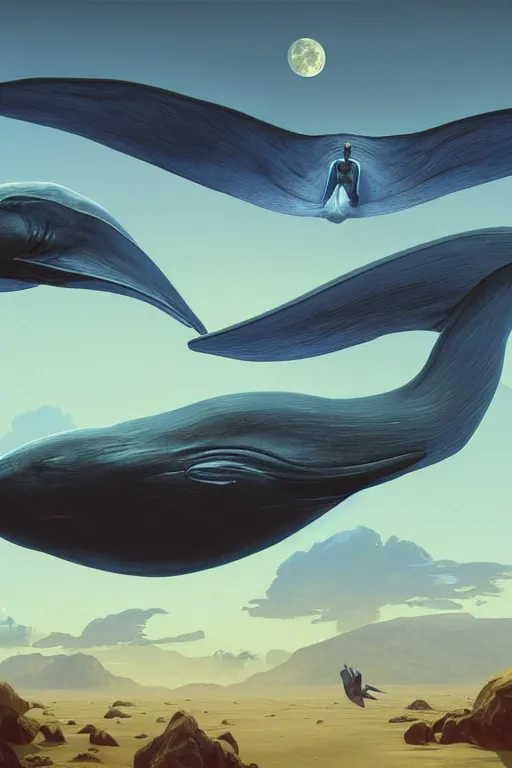 Image similar to realistic render portrait ofgroup of flying blue whales towards the moon, hyperdetailed, sculpted in zbrush, artstation, concept art, smooth, sharp focus, illustration, chiaroscuro lighting, golden ratio, incredible art by artgerm and greg rutkowski and alphonse mucha and simon stalenhag