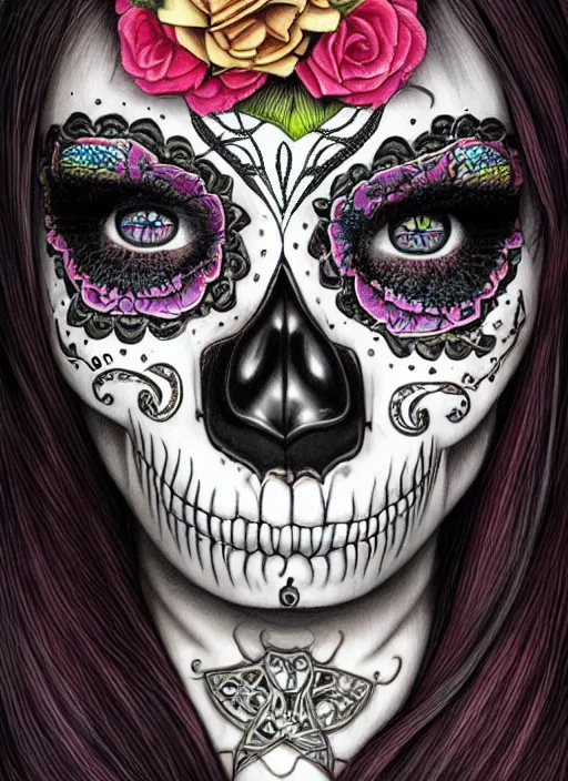 Prompt: portrait of a sugar skull creepy doll, obsidian eyes, intricate, highly detailed, smooth, digital illustration, the dark and quirky art of scott radke