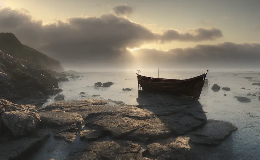 Image similar to old wooden fishing boat, directed by charlie kaufman ( 2 0 0 1 ) anamorphic lenses, a rocky shore in the foreground, foggy volumetric light morning, a beam of light from the heavens, cinematic trending on artstation in the style of greg rutkowski