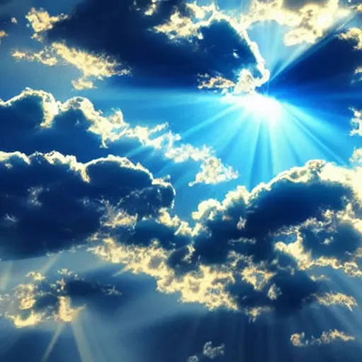 Image similar to clouds with blue rays of light coming from them, photorealistic, heavenly