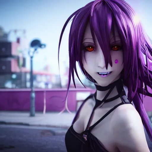 Prompt: a very evil looking 3d anime girl on the street, unreal engine 5 4k render, hazler eyes, evil smile, incredibly high detailed, studio quality, trending on artstation, medium shot, long purple hair