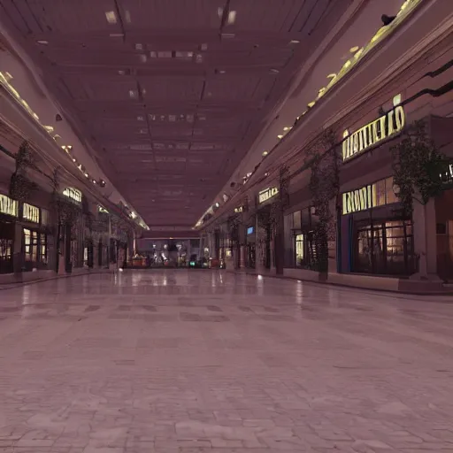 Prompt: empty mall at night, realistic, highly detailed, hd, unreal engine, guillermo del toro