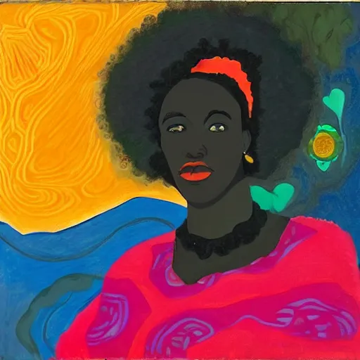 Prompt: Georgia Anne Muldrow, afro-psychedelia, afrocentric mysticism, in the style of Marius Borgeaud