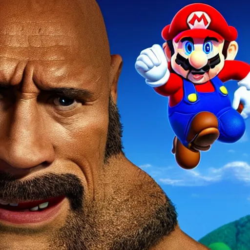 Image similar to screenshot from mario dwayne the rock johnson as mario