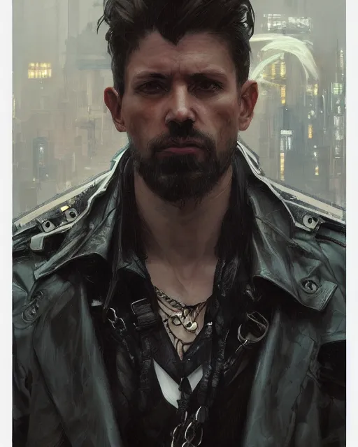 Prompt: '' Face portrait of a chained cocky detective with a black leather coat, short hair , sci-fy, cyber punk, high detail, digital painting, artstation, concept art, sharp focus, illustration, art by greg rutkowski and alphonse mucha ''