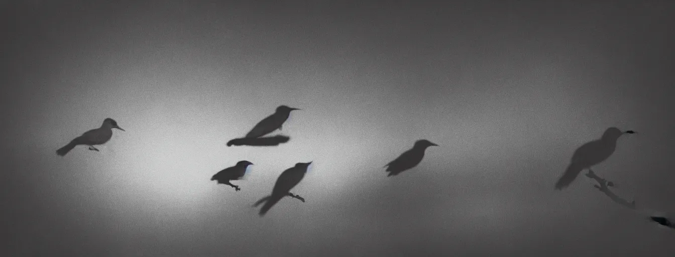 Prompt: tropical wood birds in the sky, nostalgia, melancholy, pinhole analogue photo quality, lomography, blur, unfocus, cinematic, foil, monochrome