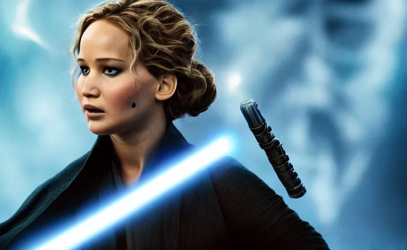 Image similar to jennifer lawrence as a jedi holding up a blue lightsaber, very dark background, official new star wars episode xi movie poster from lucas arts, perfect symmetrical face, full moon, moody lighting, 8 k, shallow depth of field, intricate detail,