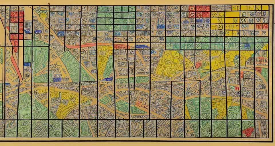 Image similar to isometric miniature map dashboard with time series charts, pie plots and other modern graphics, with small creatures on it. monografia by diego rivera and egon schiele