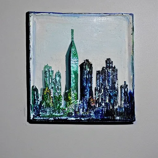 Prompt: oil on styrofoam crust - painting with melt of the city of atlanta skyline with symbolic filigree