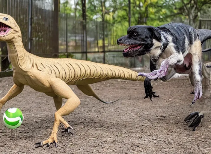 Image similar to photo of a dog playing with a velociraptor