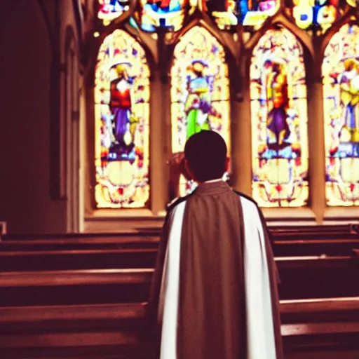 Prompt: a priest in a church holding up a nintendo gamecube, cinematic, close up shot, 35mm film, color