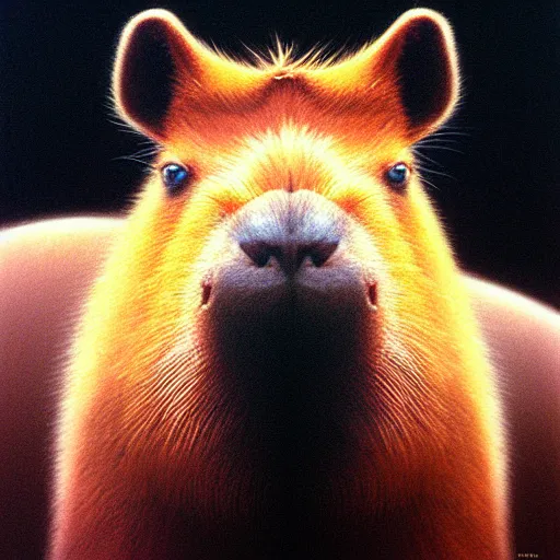 Image similar to a portrait of a capybara wearing, anatomically correct, beautiful perfect face, enigmatic, oil painting, matte, black background, volumetric dynamic lighting, highly detailed, cinematic lighting, unreal engine, 8 k, hd, by beksinski