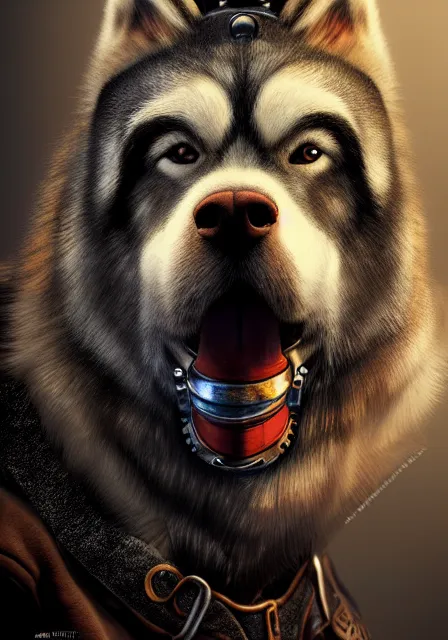 Image similar to hyper realistic ultra - detailed portrait of alaskan malamute face, steampunk hat with goggles and gears, upper body, detective coat, sharp focus, illustration, fantasy style, octane render, concept art, smooth, volumetric lighting, 8 k high definition, intricate, wide shot, by greg rutkowski, highly detailed, trending on art station