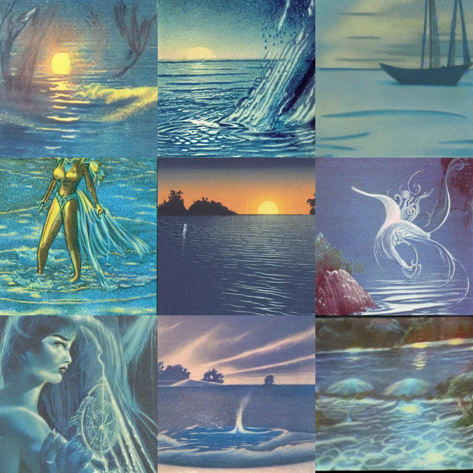 Prompt: closeup fantasy with water magic, at gentle dawn blue light, 1 9 7 0 s grainy vintage illustrations