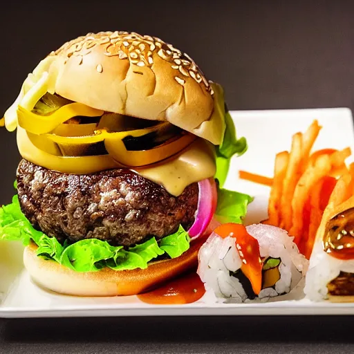 Image similar to a burger made out of sushi, food photography, michelin star