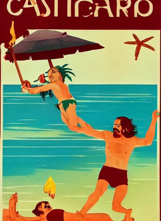 Prompt: soviet tourism poster for a beach resort depicting charles manson slipping on a banana peel