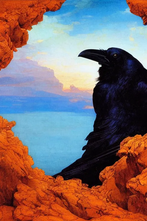 Image similar to a breathtakingly stunningly beautifully highly detailed extreme close up portrait of a raven, a rock arch overhead framing top of shot, epic coves crashing waves plants, beautiful clear harmonious composition, dynamically shot, wonderful strikingly vivid orange beautiful dynamic sunset with epic clouds, detailed organic textures, by frederic leighton and rosetti and turner and eugene von guerard, 4 k