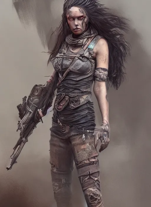 Prompt: full body concept art illustration pastel painting of a female mad max in intricate clothing, beautiful face, ultra detailed, octane render, 8K, dystopian, micro details