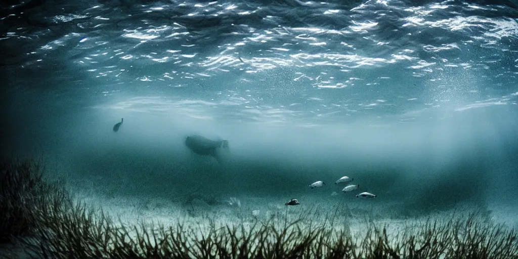 Image similar to a great photograph of the most amazing golf hole in the world under water, fish everywhere, perfect light, ambient light, 5 0 mm, golf digest, top 1 0 0, fog