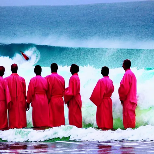 Image similar to worshippers in white robes belonging to the cult of the surfers, surfing in waves, standing on surfboards, surfing in the face of a tsunami, high detailed colors, bright deep blue