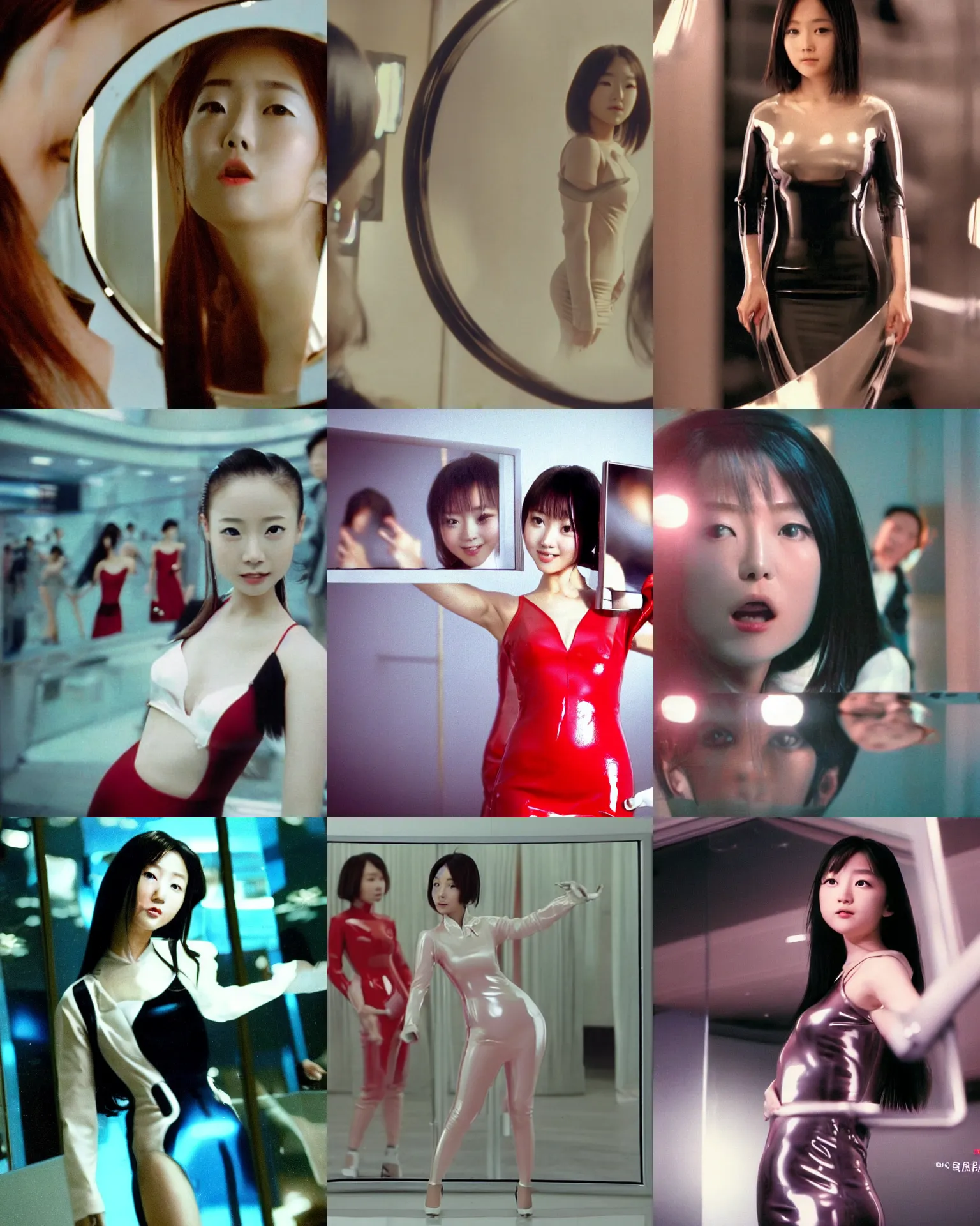 Prompt: Worksafe,clothed.1990s,unbelievably beautiful,perfect,dynamic,epic,cinematic movie shot of a close-up japanese beautiful cute young J-Pop idol actress girl in latex dress,reflected in giant mirror,expressing joy.By a Chinese movie director.Motion,VFX,Inspirational arthouse,high budget,hollywood style,at Behance,at Netflix,Instagram filters,Photoshop,Adobe Lightroom,Adobe After Effects,taken with polaroid kodak portra