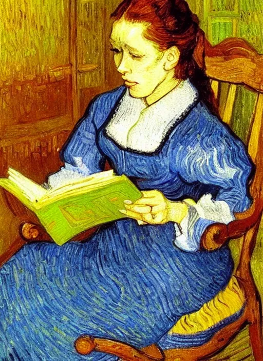 Prompt: lifelike oil painting portrait of belle reading a book by van gogh