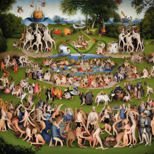 Image similar to a new photography of real humans of bosch garden of earthly delights style taken by martin parr, with flash on camera