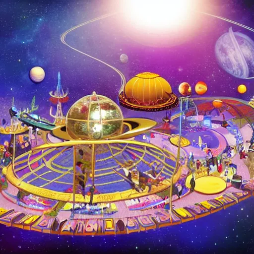 Prompt: interplanetary amusement park in space with multiple planets and a balinese temple