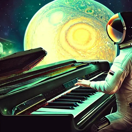 Image similar to an astronaut playing piano on jupiter. cyberpunk digital art, very beautiful, high quality, high resolution