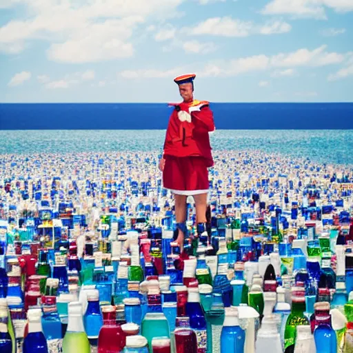 Prompt: sailor on sea with million bottles