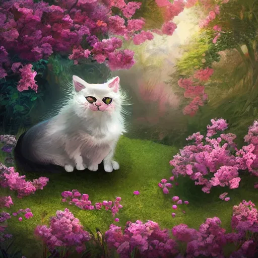 Prompt: photo of a cat in the blossoming garden, professional portfolio of a cat, trending on artstation, super detailed, everything in a beautiful light, stylishly designed background, fantasy art, photoshop