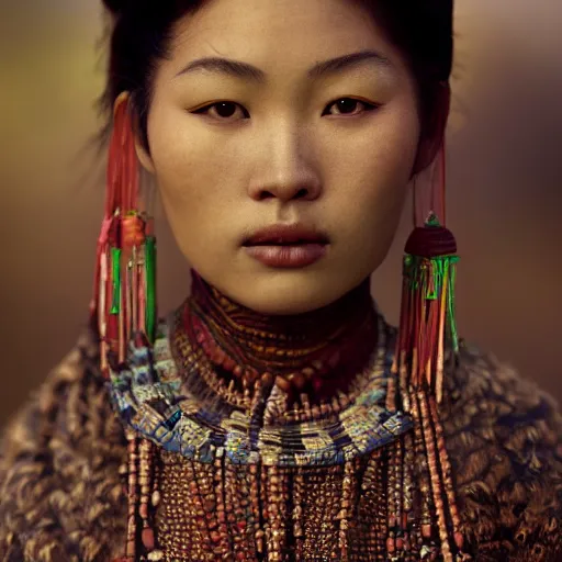 Prompt: vintage portrait of a stunningly beautiful asian tribal female, depth of field, zeiss lens, detailed, symmetrical, centered, fashion photoshoot, by edward s curtis, Annie Leibovitz and Steve McCurry, David Lazar, Jimmy Nelsson, Breathtaking, 8k resolution, extremely detailed, beautiful, establishing shot, artistic, hyperrealistic, beautiful face, octane render