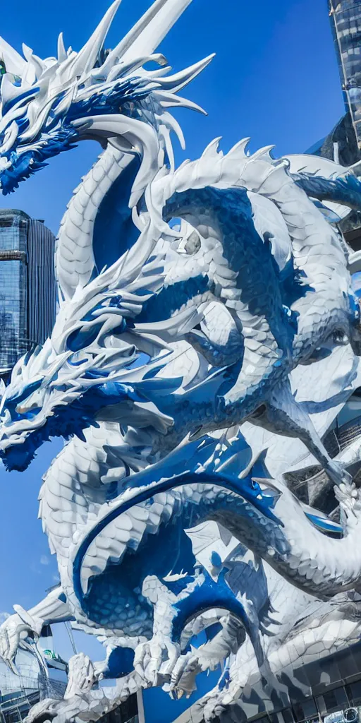 Image similar to white photorealistic futuristic post - modern blue eyes white dragon in seoul with bright blue sky