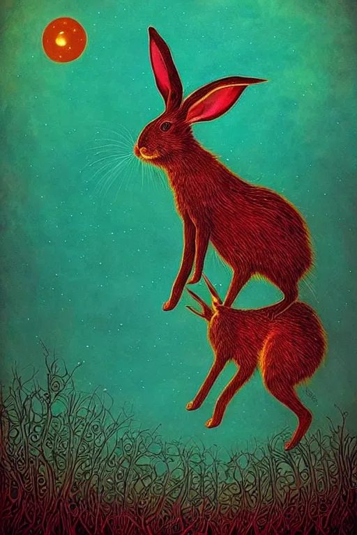 Image similar to surreal hybrid rabbits, fantasy, fairytale animals, flowerpunk, mysterious, vivid colors, by andy kehoe