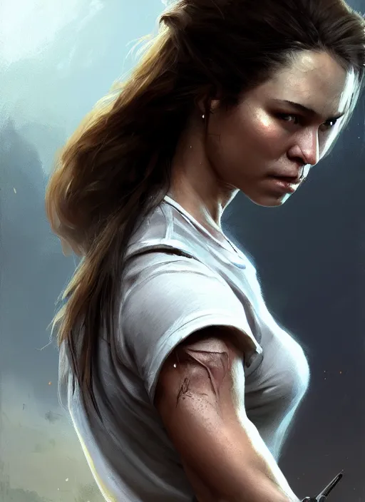 Prompt: epic portrait cinematic shot an female survivor wearing a white t shirt and a military vest, flowing hair, sweaty skin, fine details. night setting. realistic shaded lighting poster by craig mullism, artgerm, jeremy lipkin and michael garmash, unreal engine, radiant light, detailed and intricate environment, digital art, trending on art station,