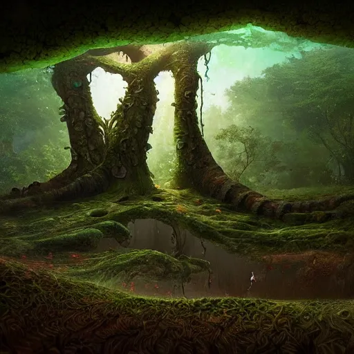 Prompt: a giant writhing tree fungus in the middle of a forest, a detailed matte painting by gediminas pranckevicius, featured on cgsociety, fantasy art, lovecraftian, apocalypse art, apocalypse landscape