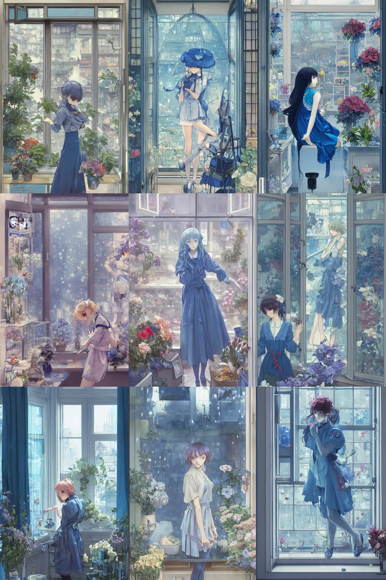 Prompt: Through the window a girl working in a flower shop in the afternoon, it is raining outside the window,blue and grey theme,JK uniform ,Hairdryer,blue theme,S line, by krenz cushart and mucha and range murata and greg rutkowski