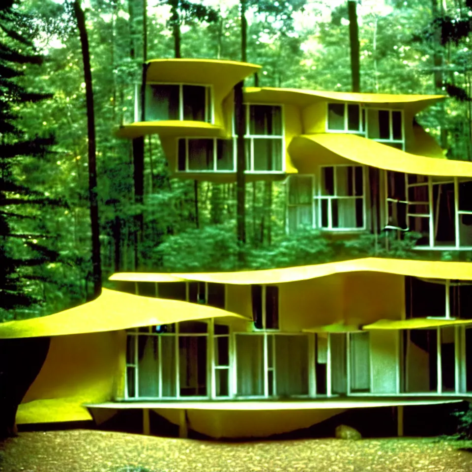 Prompt: a flat leveled mid-century modern house with big tiles in a forest, designed by Frank Gehry. Film grain, cinematic, yellow hue