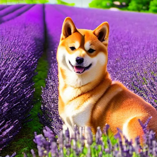 Image similar to A group of Shiba Inus in Purple Lavender field, 8k UHD, Nature photography, high detail, High quality, stunning lighting, beautiful lighting,
